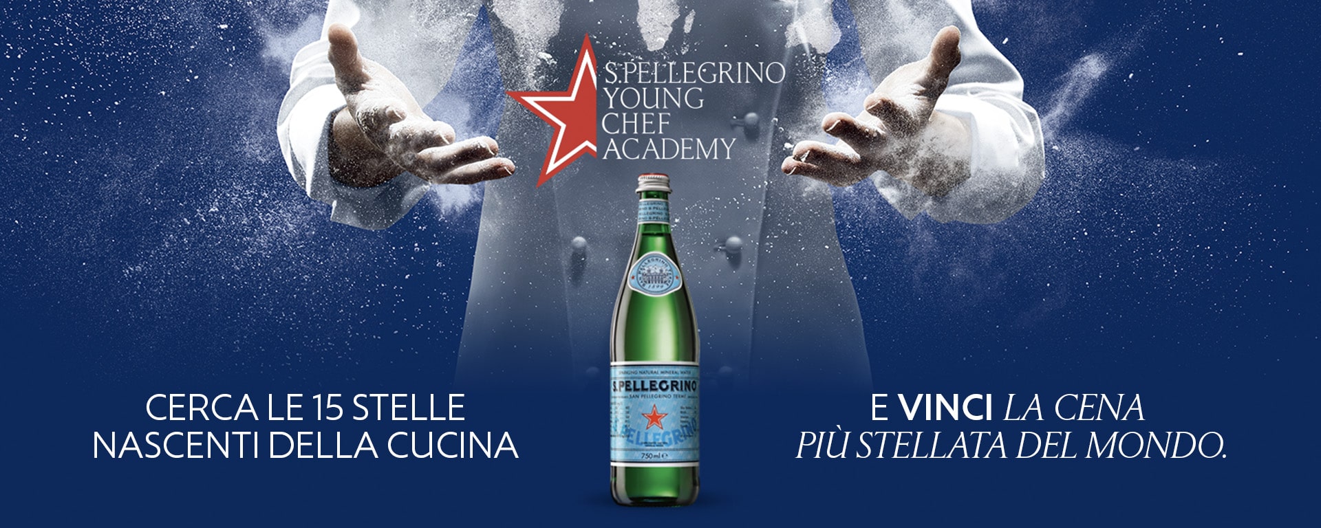 logo San Pellegrino con busto di chef che apre le mani con al centro una bottiglia di vetro S. Pellegrino e il testo:'Cerca le 15 stelle nascenti della cucina e vinci la cena più stellata del mondo'