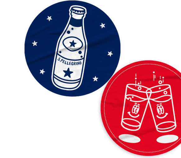 icon with san pellegrino glasses and text 'two worlds one bite'