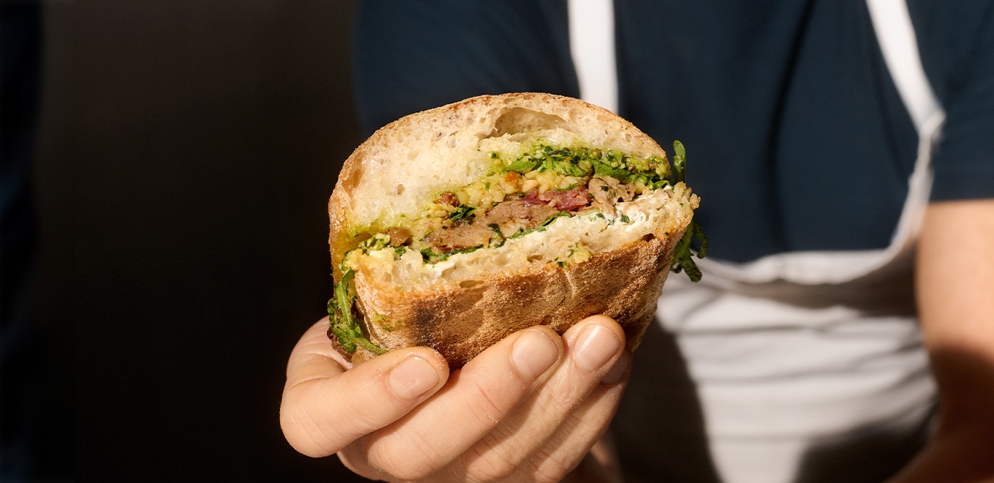 background image with posters with people and food