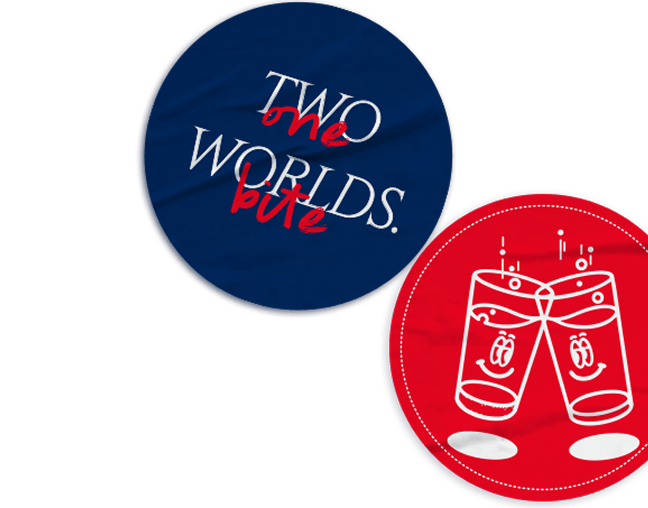 icon with san pellegrino glasses and text 'two worlds one bite'