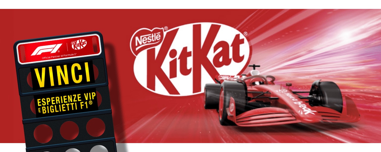 immagine di un biglietto per formula 1, logo kitkat e una automobile f1