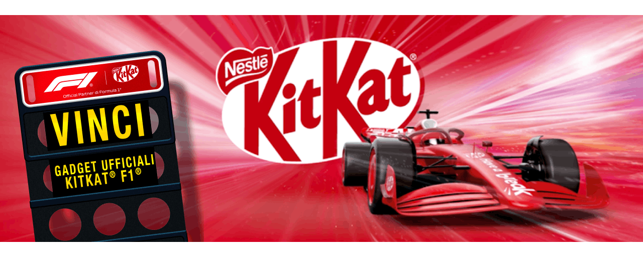 immagine di un biglietto per formula 1, logo kitkat e una automobile f1