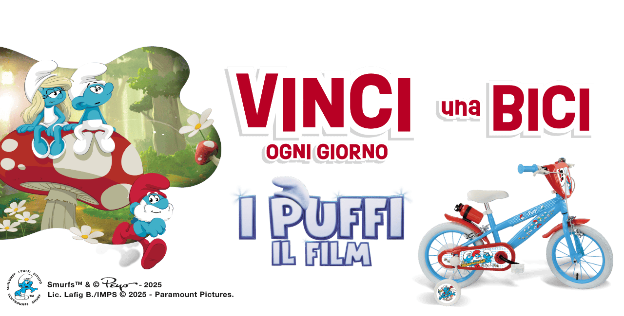 testo:'Vinci ogni giorno una bici' e 'i Puffi il film' con bicicletta per bambino e immagine Puffi nella foresta