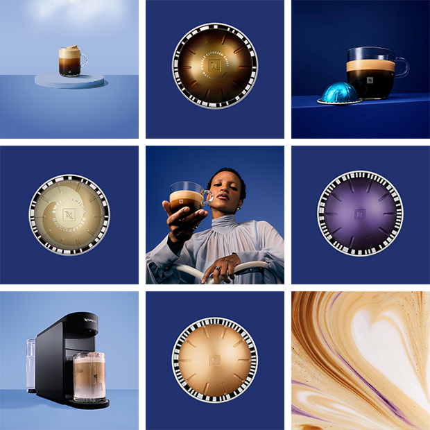 griglia 3x3 con immagini evocative di caffè