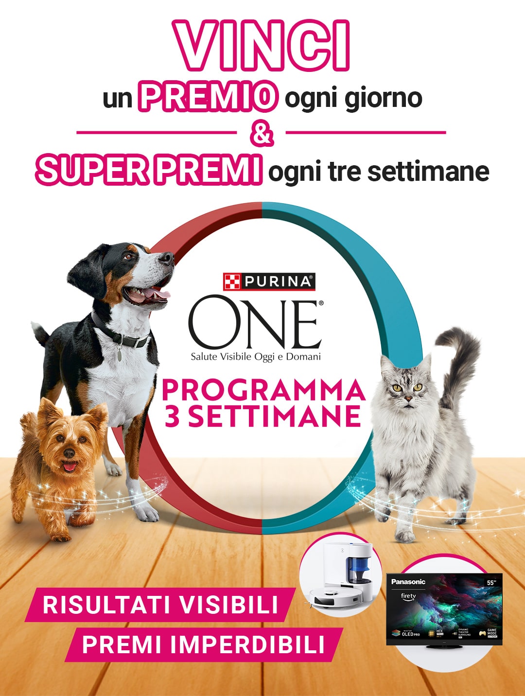 Vinci un premio ogni giorno e Super premi ogni tre settimane, al centro due cani e un gatto con in mezzo logo Purina e testo:'Programma 3 settimane', in basso prodotti per cane e gatto Purina One
