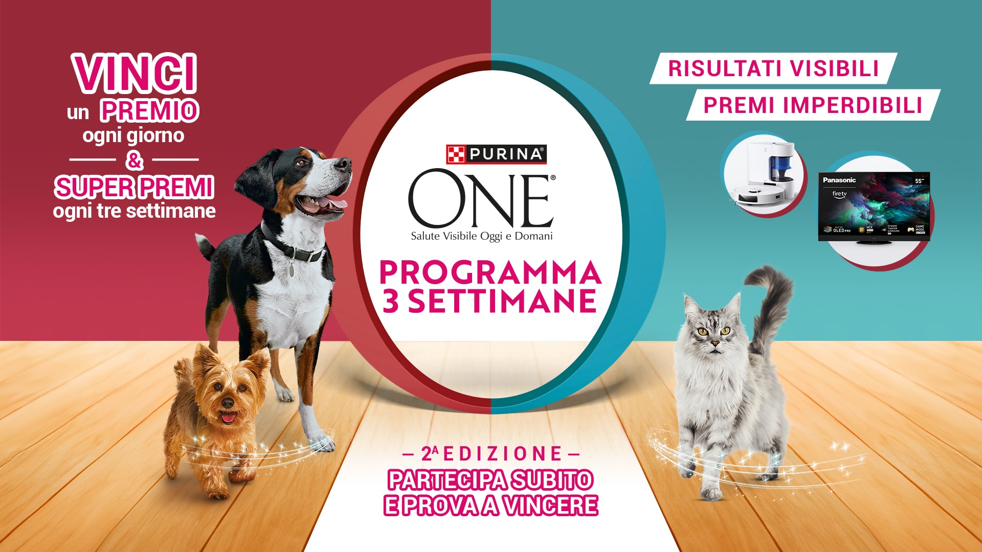 Vinci un premio ogni giorno e Super premi ogni tre settimane, al centro due cani e un gatto con in mezzo logo Purina e testo:'Programma 3 settimane', in basso prodotti per cane e gatto Purina One