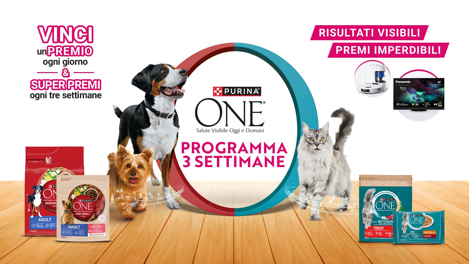 Vinci un premio ogni giorno e Super premi ogni tre settimane, al centro due cani e un gatto con in mezzo logo Purina e testo:'Programma 3 settimane', in basso prodotti per cane e gatto Purina One