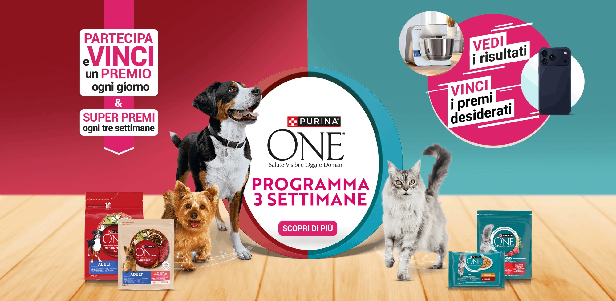 Vinci un premio ogni giorno e Super premi ogni tre settimane, al centro due cani e un gatto con in mezzo logo Purina e testo:'Programma 3 settimane', in basso prodotti per cane e gatto Purina One