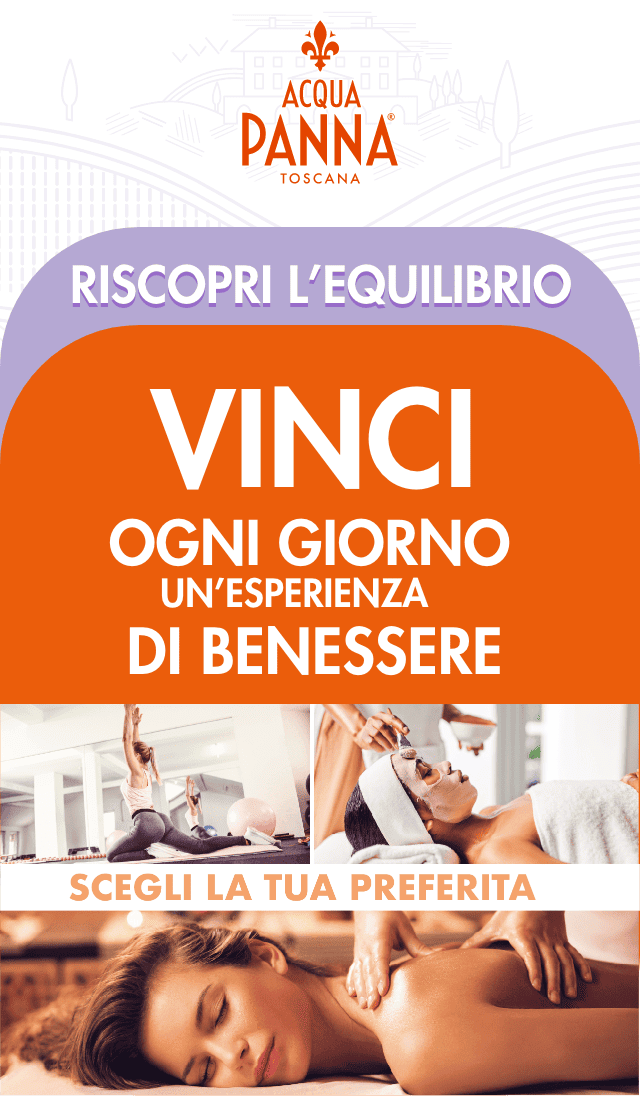 logo Acqua Panna con sotto testo:Riscopri l'equilibrio, sempre sotto testo: Vinci ogni giorno un'esperienza di benessere e infine il testo scegli la tua preferita con una ragazza che fa yoga, una che riceve una crema sul viso e una terza sdraiata che riceve un massaggio