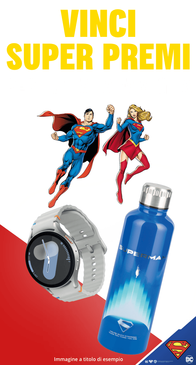 immagine rappresentativa concorso con i premi orologio e borraccia e due super eroi maschio e femmina superman e supergirl