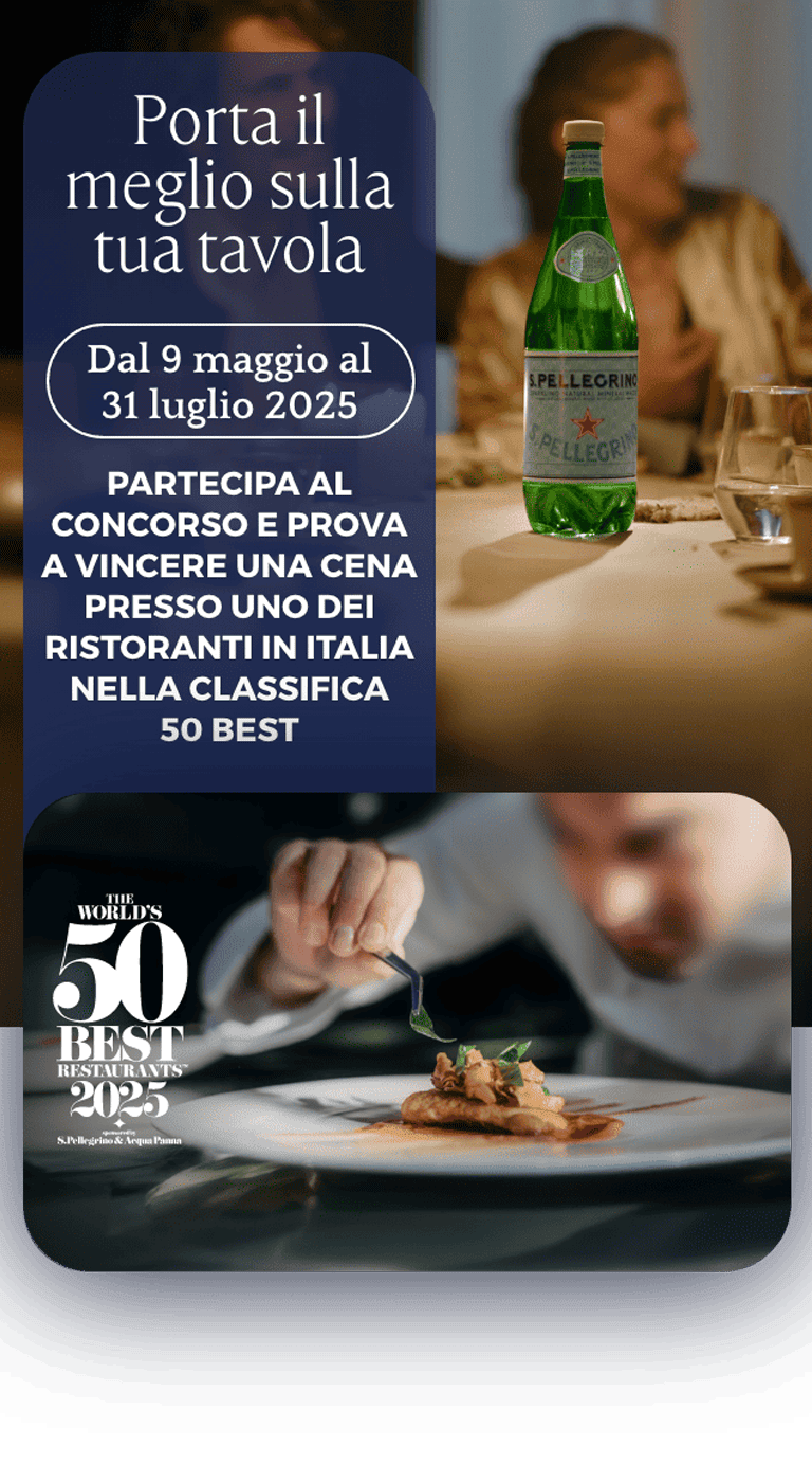 testo:'The world's 50 best restaurants 2025' e immagine di chef che sistema un piatto gourmet